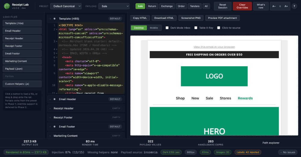 Receipt Lab — browser-based HBS template renderer screenshot