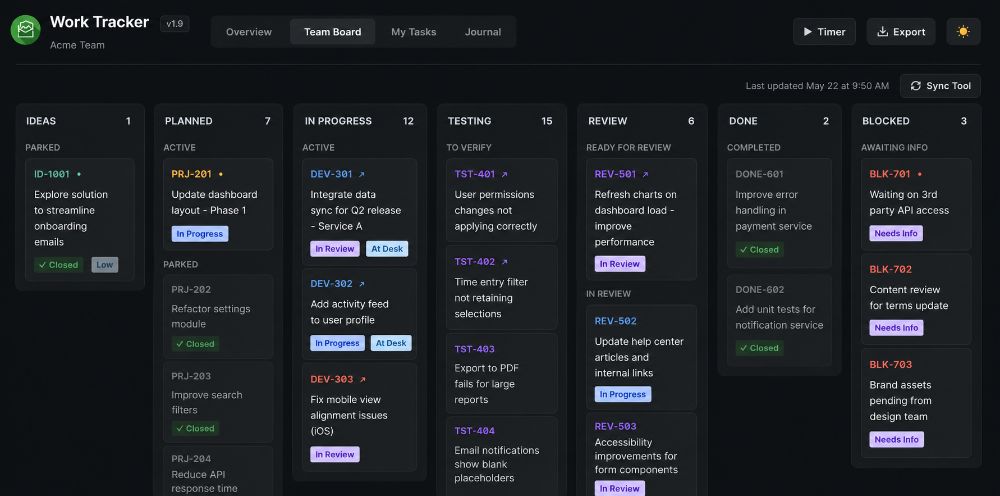 Work Tracker — workflow tracking with Jira and Kanban screenshot